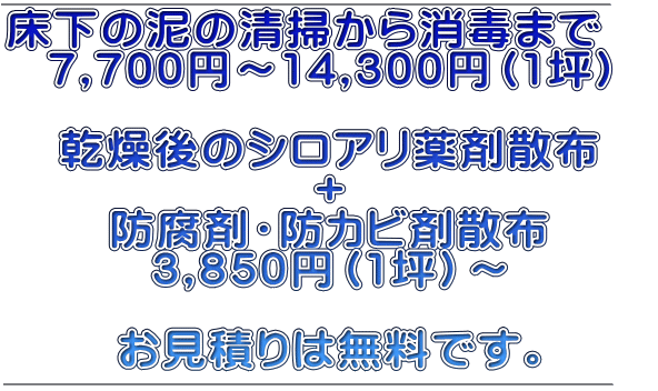 床下の泥の清掃から消毒まで　 8,000円～13,000円（1坪）  乾燥後のシロアリ薬剤散布 ＋ 防カビ剤散布 3,500円（1坪）～